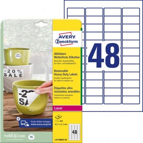Etikety polyesterové velmi odolné 45,7x21,2mm Avery A4 bílé odnímatelné 20 archů 