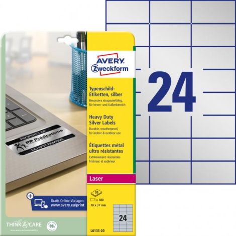 Etikety polyesterové velmi odolné 70x37mm Avery A4 stříbrné 20 archů
