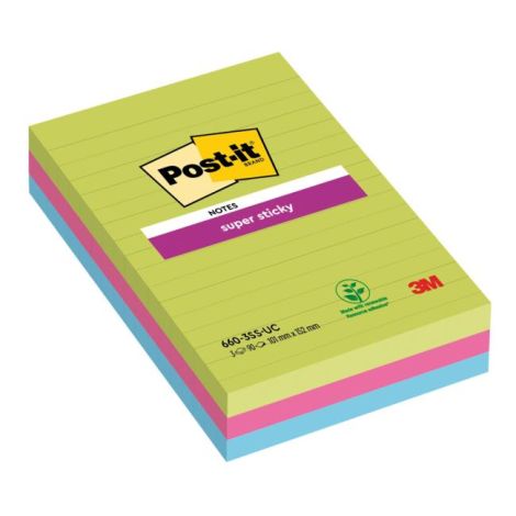 Samolepící bloček Post-it Super Sticky 101 mm x 152 mm XXL, duhové barvy, linkované, 3 bločky po 90 lístků 