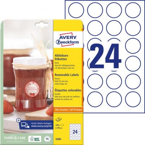 Etikety kruhové 40mm Avery 10 archů bílé 