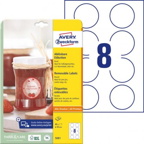 Etikety kruhové 65mm Avery 10 archů bílé 