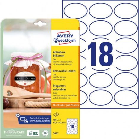 Etikety oválné 63,5x42,3mm Avery 10 archů bílé 