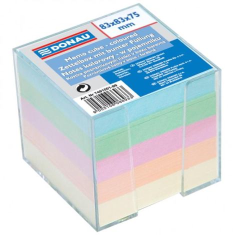 Poznámkový bloček kostka nelepená, 83x83x75 mm, pastelové barvy, čirá krabička