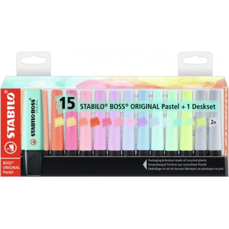 Sada zvýrazňovačů STABILO BOSS ORIGINAL Pastel 15 ks Stolní set se 14 různými barvami 