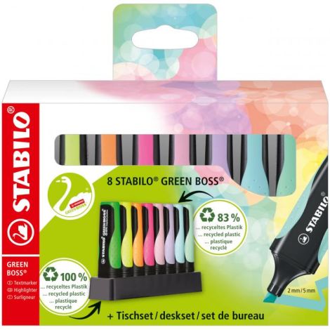 Sada zvýrazňovačů STABILO GREEN BOSS 8S se 4 různými pastelovými a neonovými barvami 