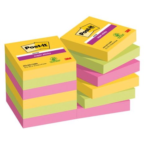 Samolepící bloček Post-it Super Sticky CARNIVAL, velikost 47,6 x 47,6 mm, 12 bločků po 90 lístků 