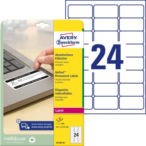 Etikety odolné pro speciální použití Avery `okamžitě viditelná manipulace` 63,5x33,9mm bílé 