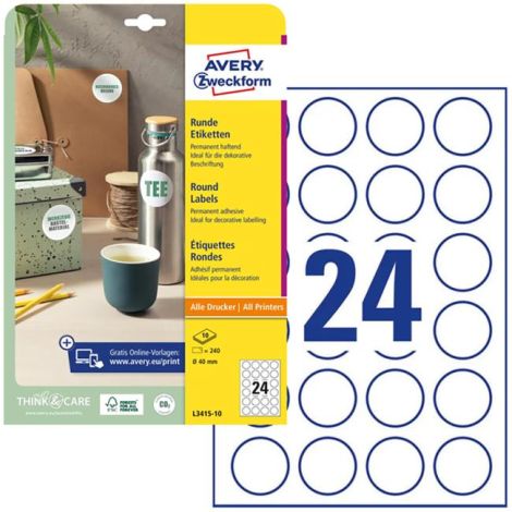 Etikety univerzální kruhové 40mm Avery A4 10 archů 