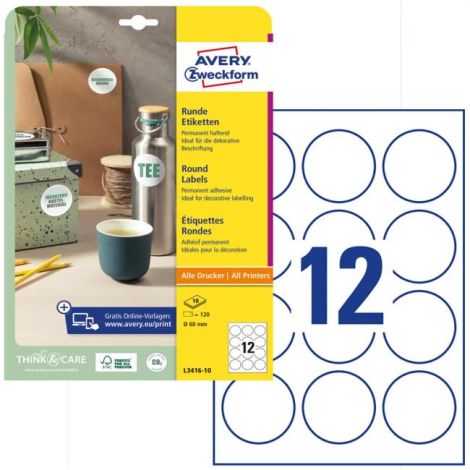 Etikety univerzální kruhové 60mm Avery A4 10 archů 