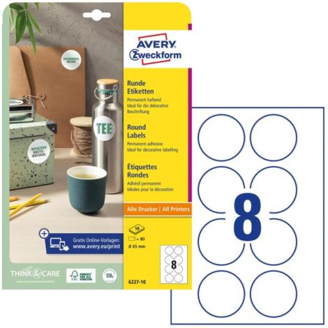 Etikety univerzální kruhové 65mm Avery A4 10 archů 