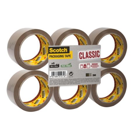 Balící lepící páska Scotch, neobsahuje PVC, hnědá, 48mm x 50m, 6 rolí
