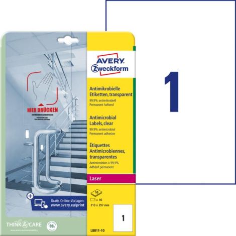 Etikety antimikrobiální 210x297mm Avery A4 transparentní 10 archů