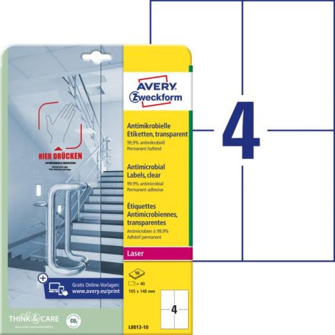 Etikety antimikrobiální 105x148mm Avery A4 transparentní 10 archů